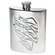 Stainless steel flask with tribal design on a white background