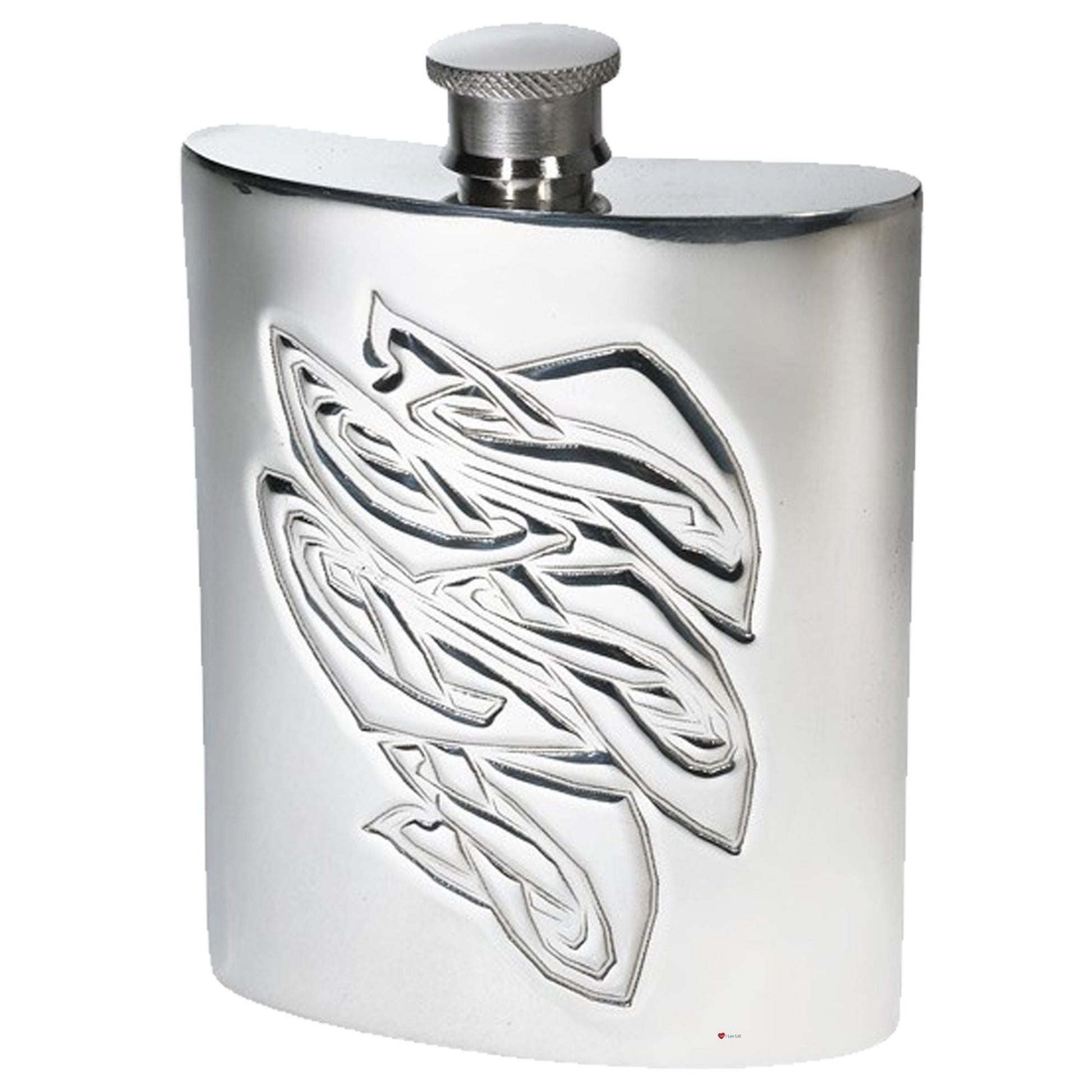 Stainless steel flask with tribal design on a white background