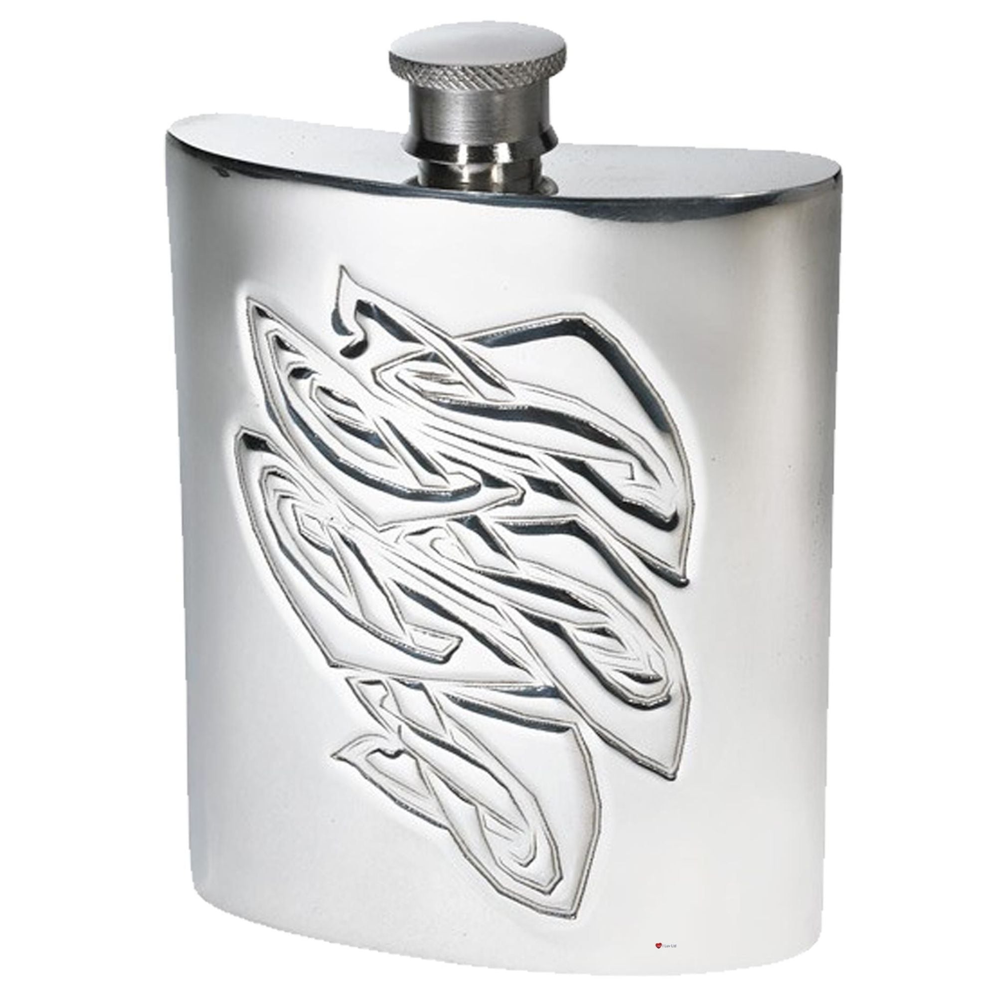 Stainless steel flask with tribal design on a white background