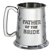 Metal mug engraved with 'Father of the Bride' on a white background