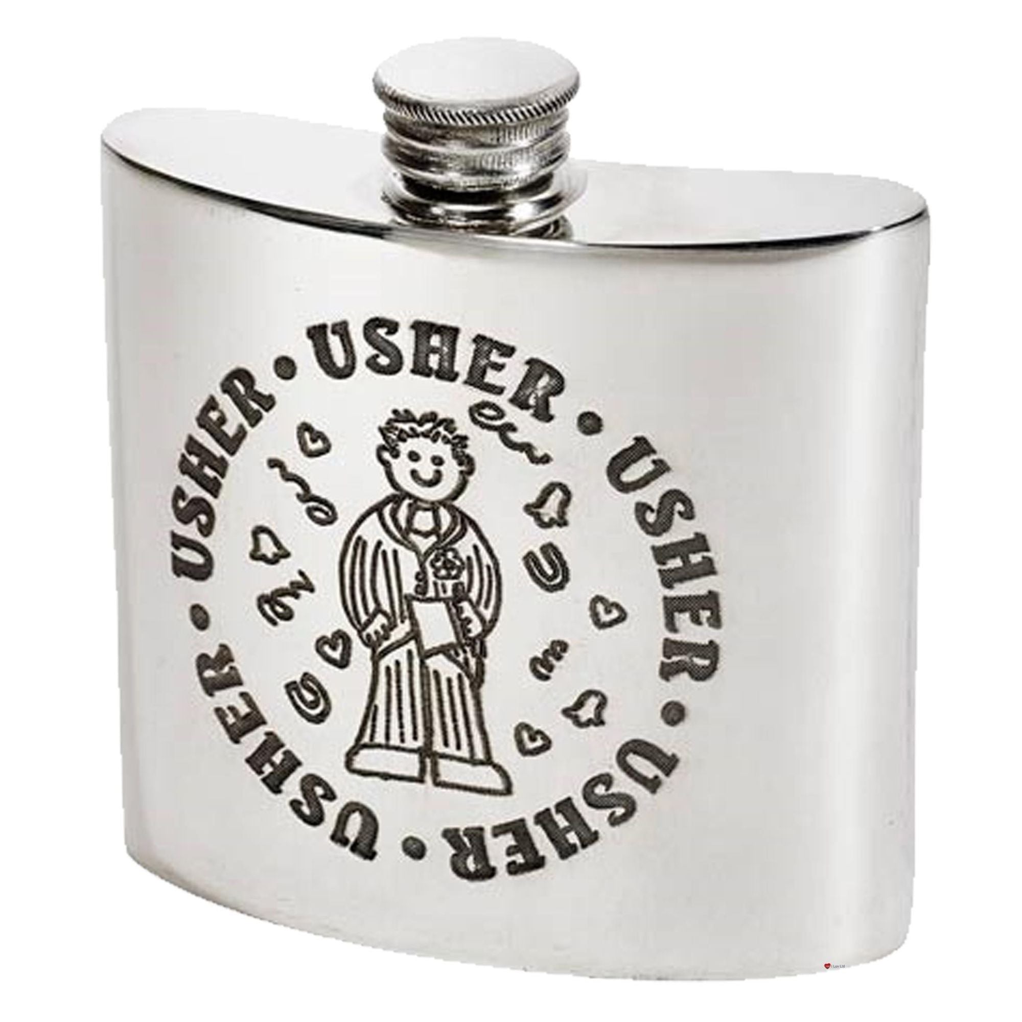 Silver flask with 'Usher' text and design on a white background