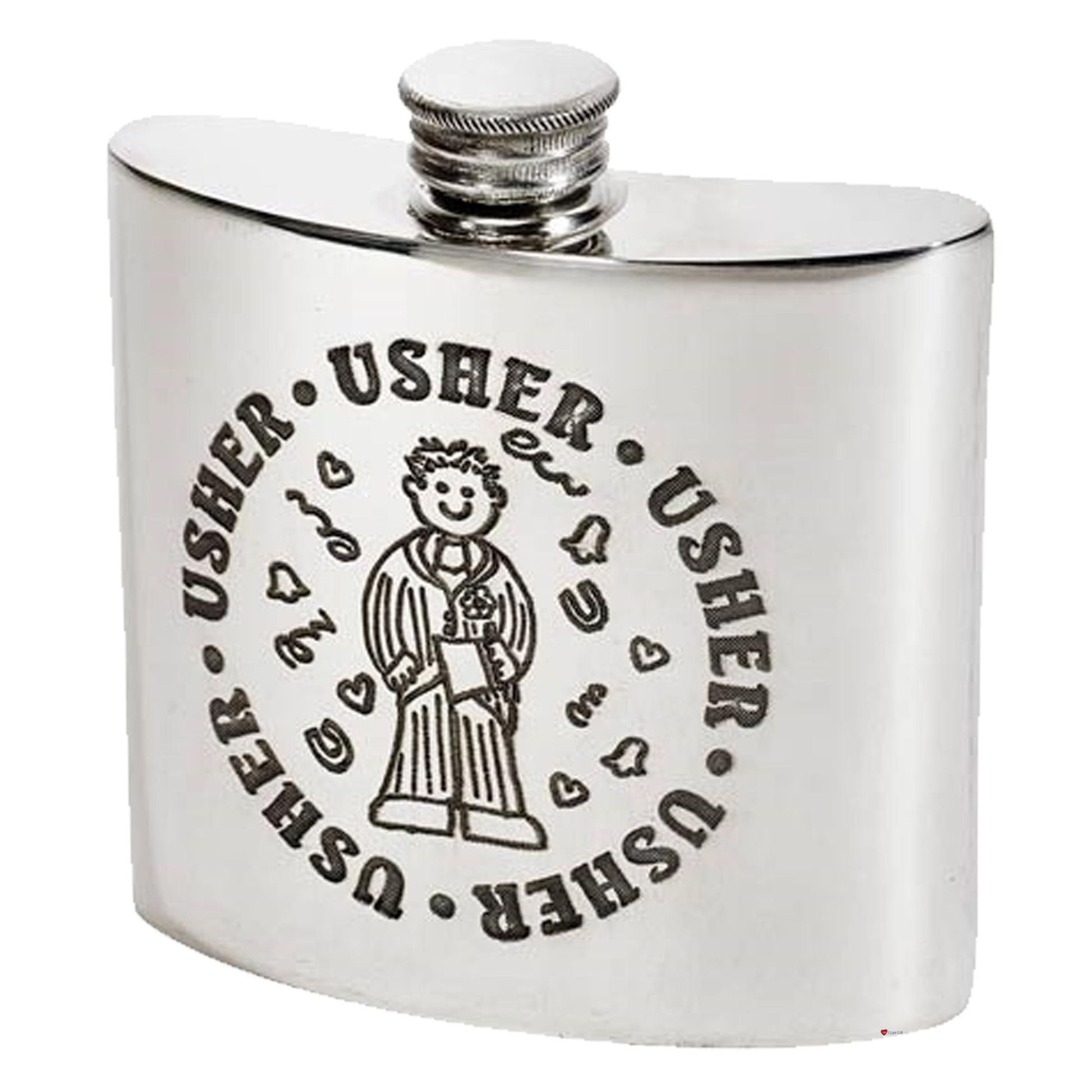Silver flask with 'Usher' text and design on a white background