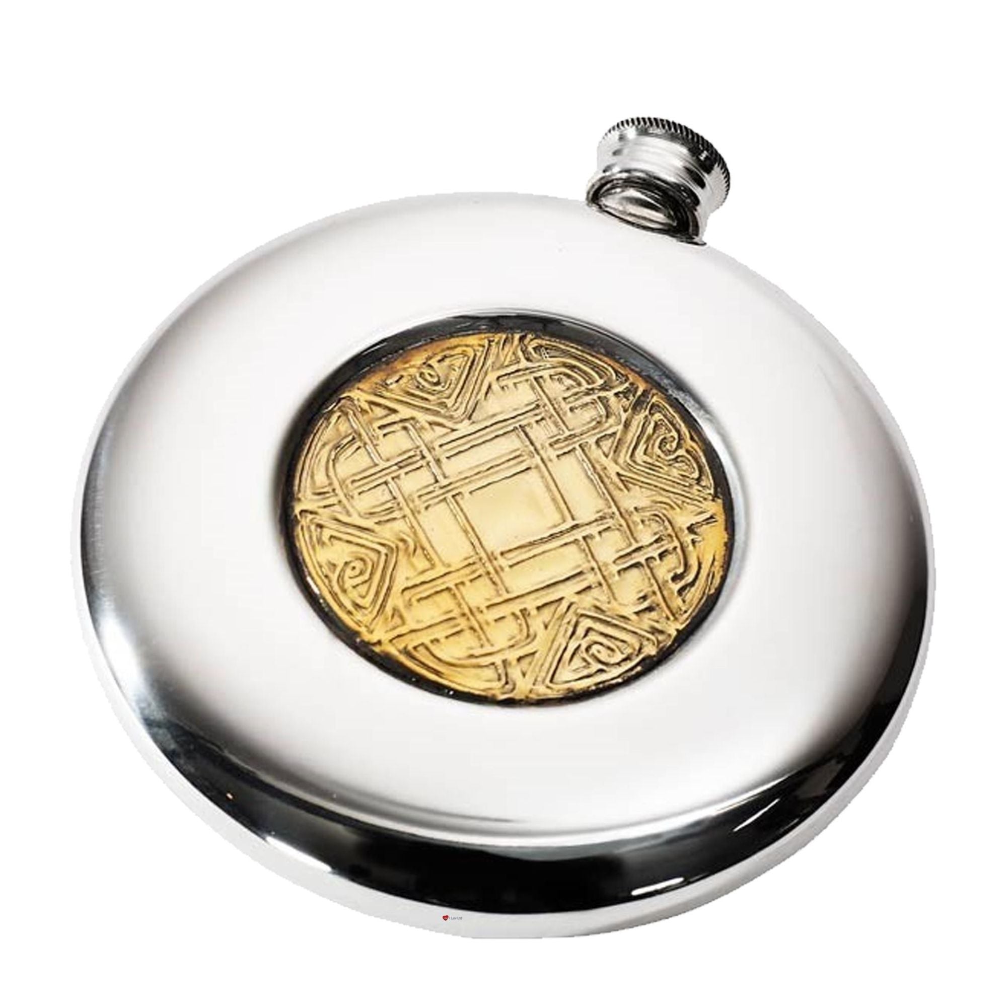 Silver flask with a gold coin embedded in the lid on a white background