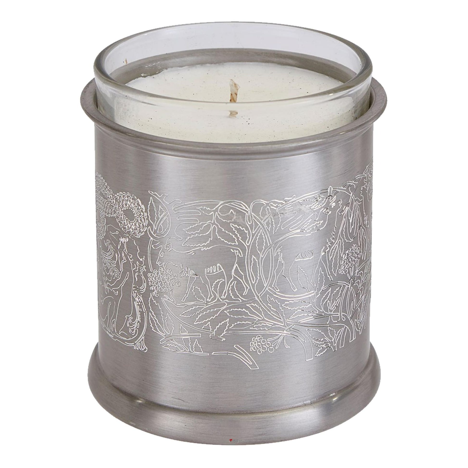 Silver candle holder with engraved design on a white background