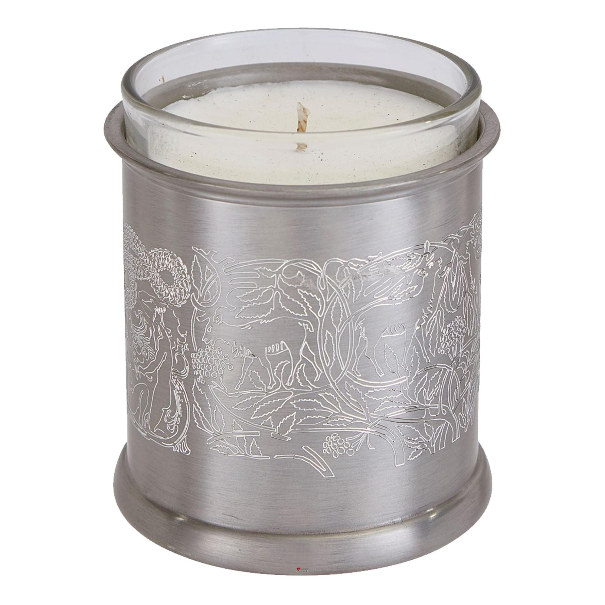 Silver candle holder with engraved design on a white background