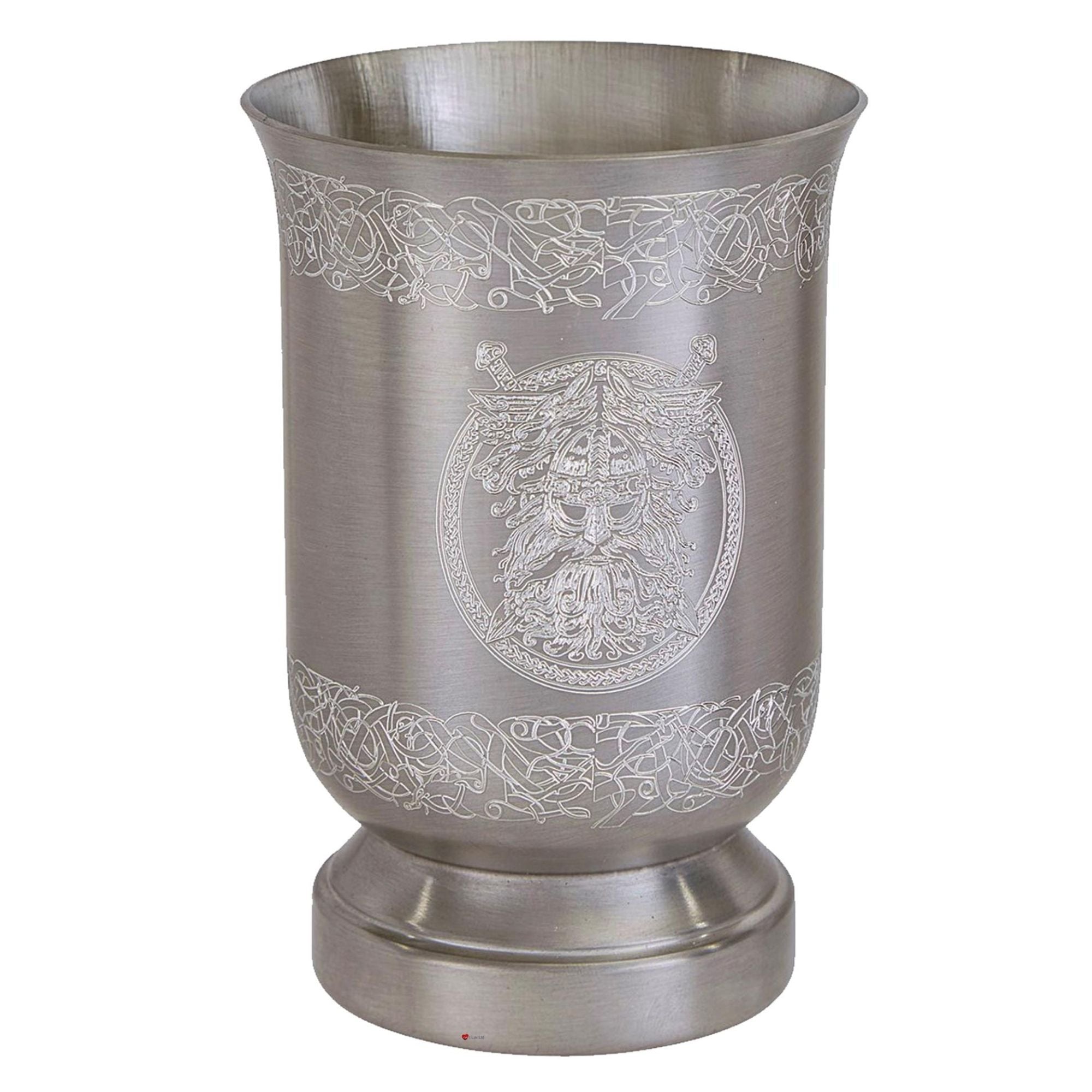 Silver cup with engraved design on a white background