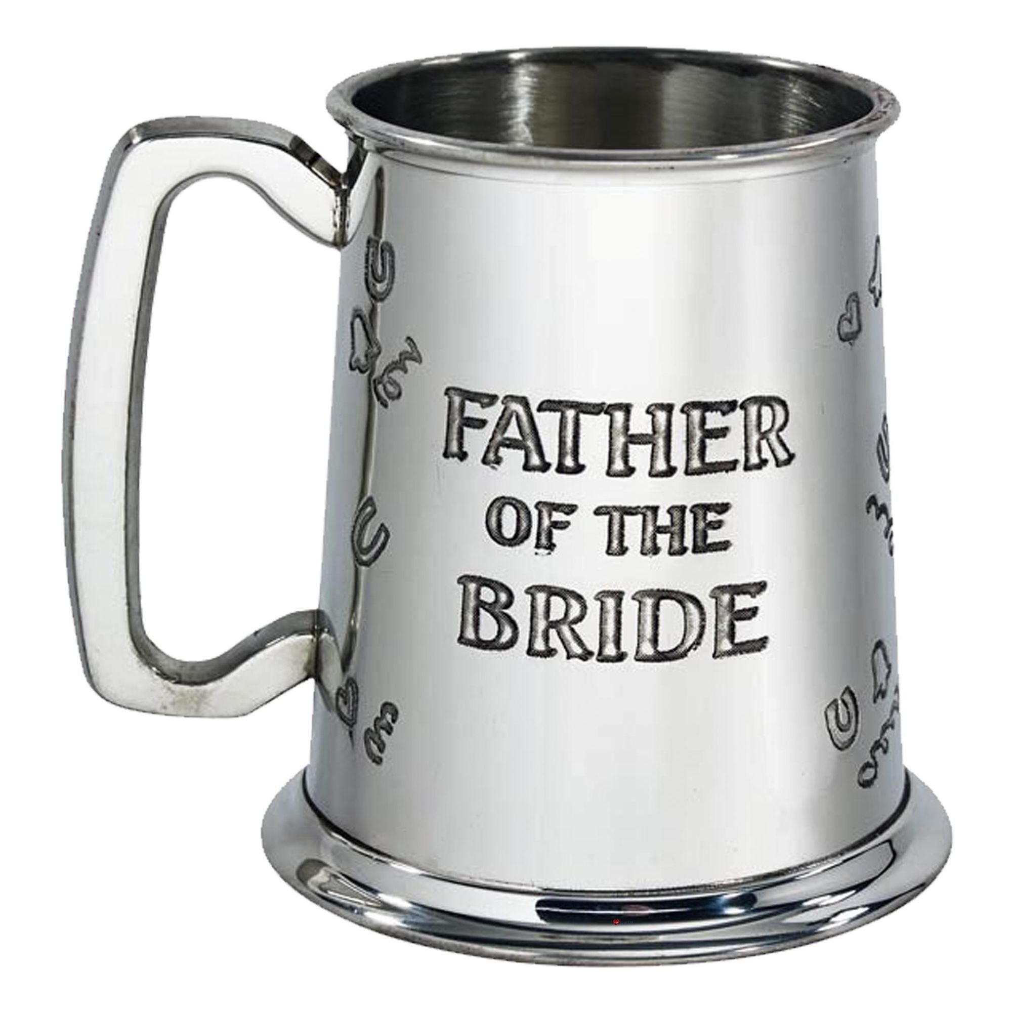 Metal mug with 'Father of the Bride' engraving on a white background