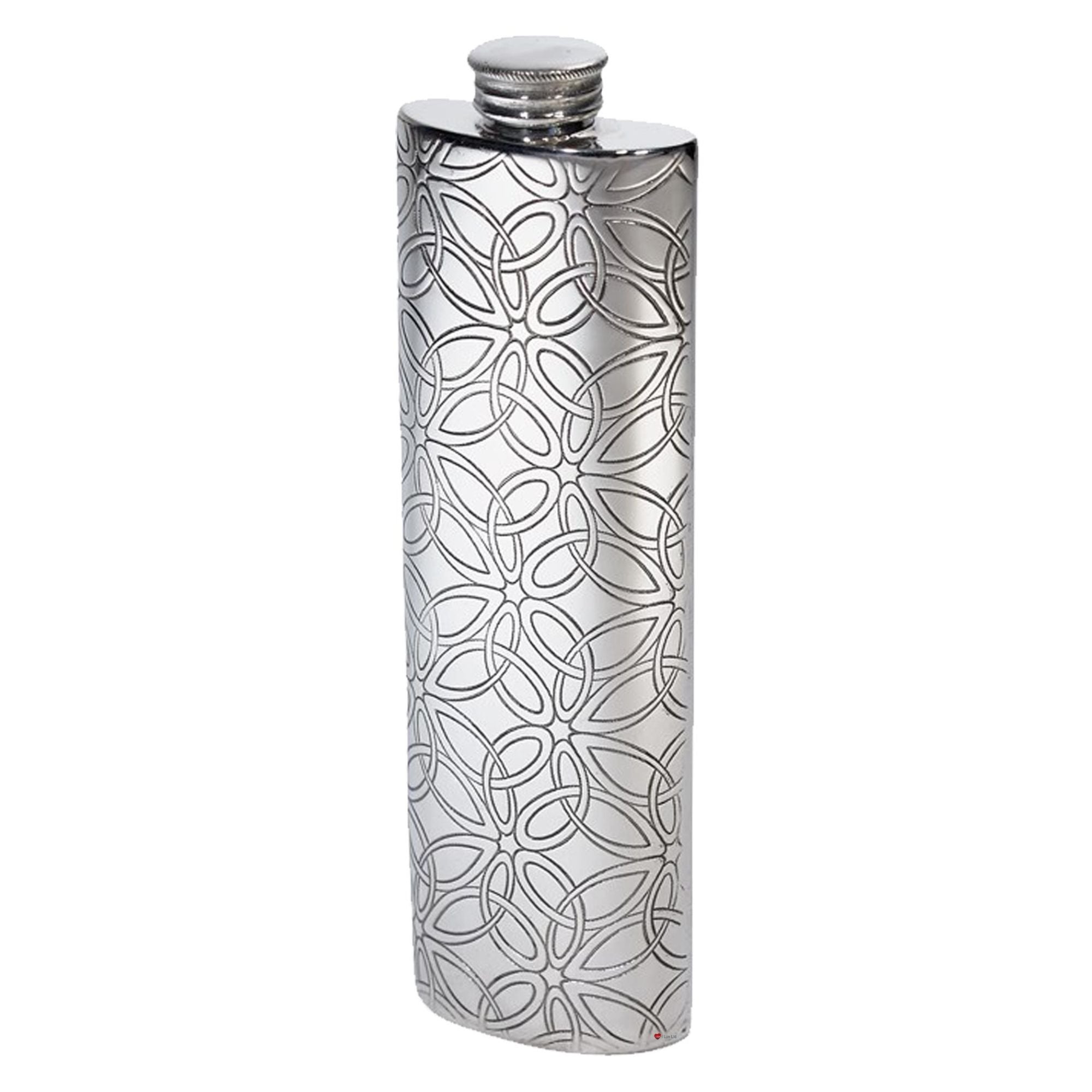 Silver flask with intricate pattern on a white background