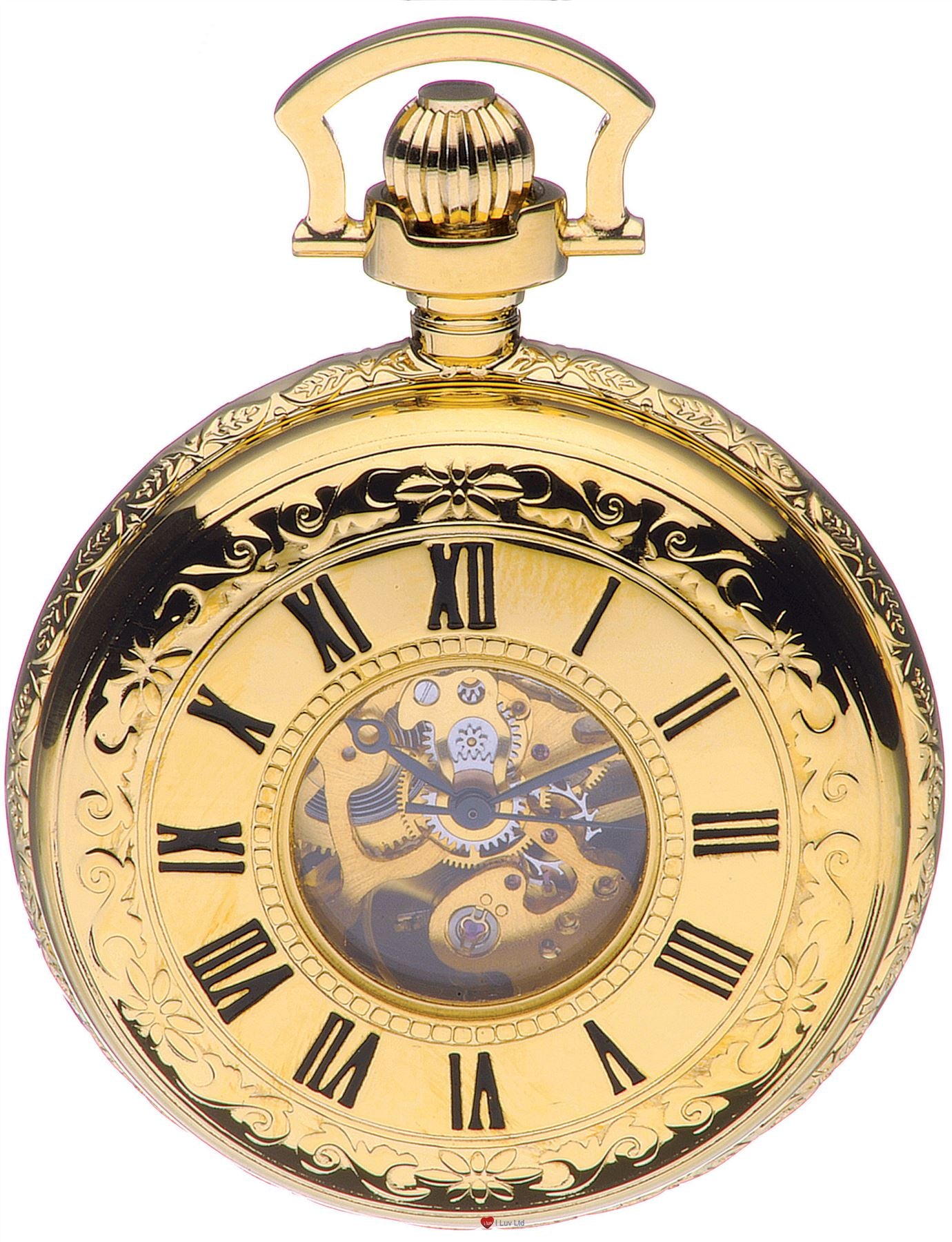 Skeleton Pocket Watch Double Half Hunter Gold Plated Very Detailed - 17 Jewel