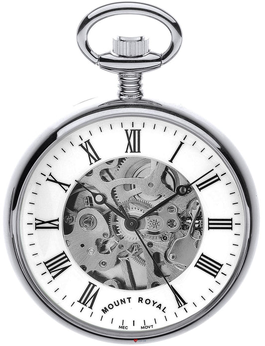 Skeleton Open Face Pocket Watch Chrome Plated Roman Numerals 17 Jewel