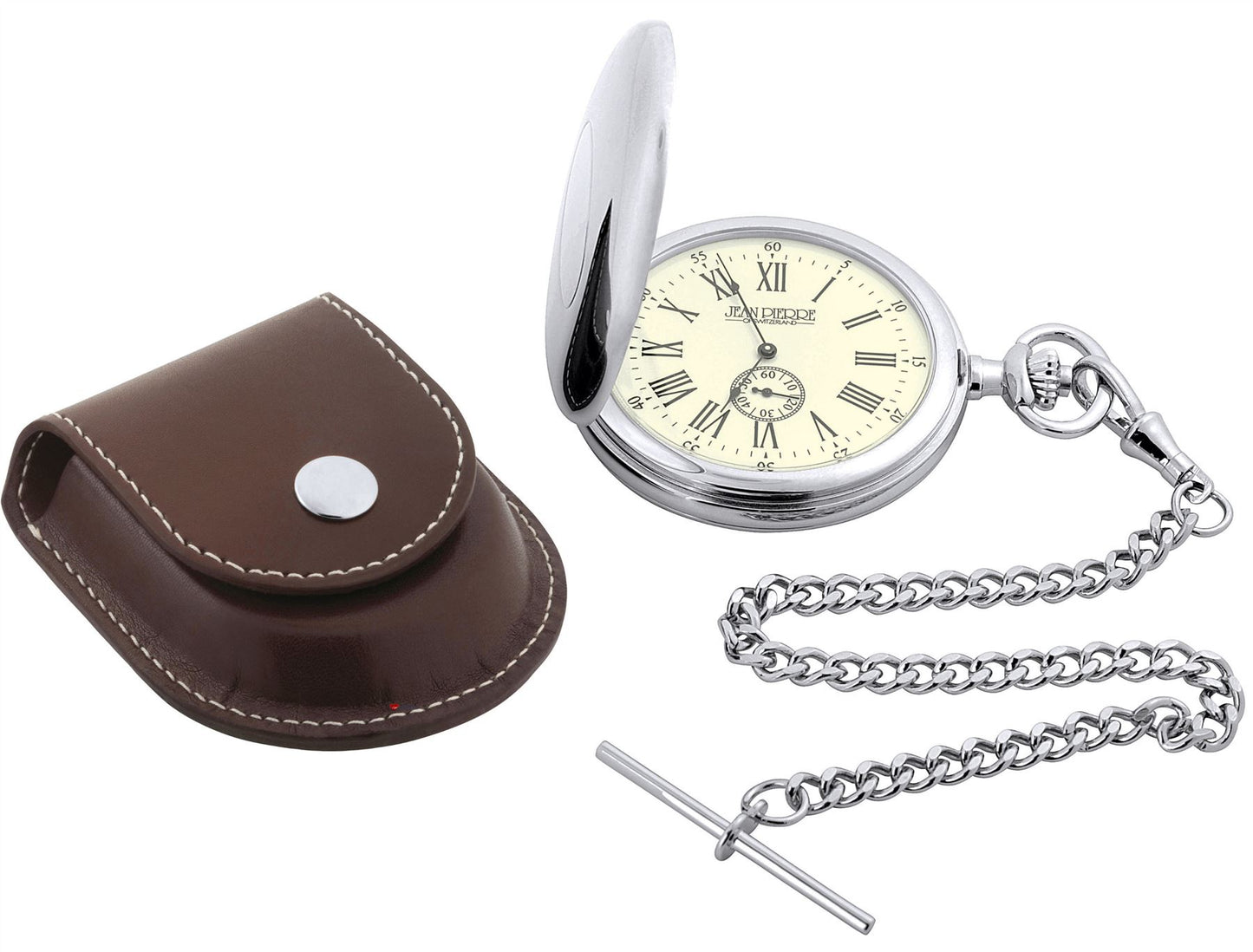 Classic Hunter Style Pocket Watch Roman Numerals Albert Chain Leather