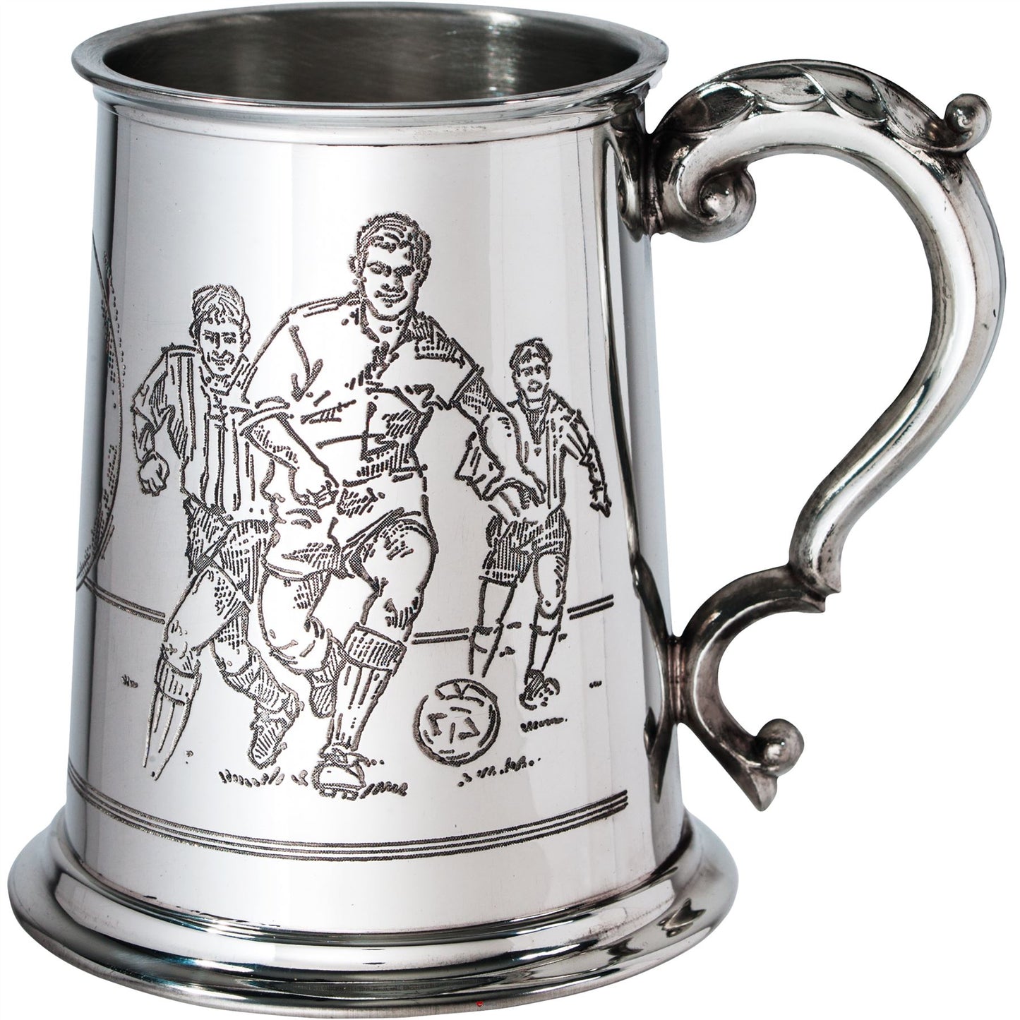 Pewter Tankard 1 Pint with Soccer Scenes on Both Sides and Antique Handle