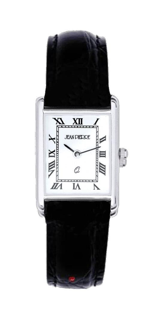 Sterling Silver Ladies Wristwatch Rectangle Roman Numerals Black Leather Strap