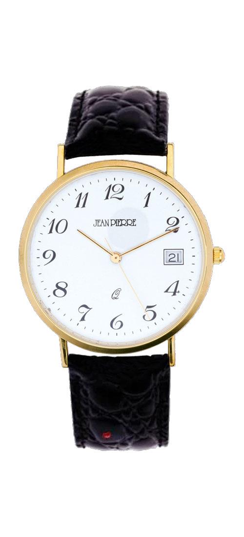 9ct Gold Gents Wristwatch Standard Numerals and Date Black Leather Strap