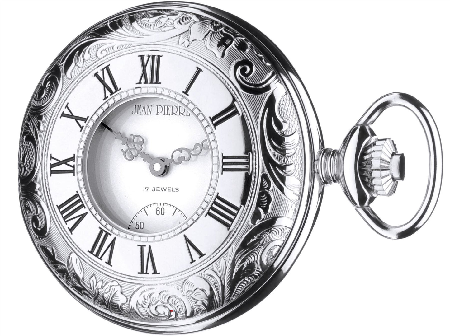 Pocket Watch Ornate Half Hunter 17 Jewel Mechanical Chrome