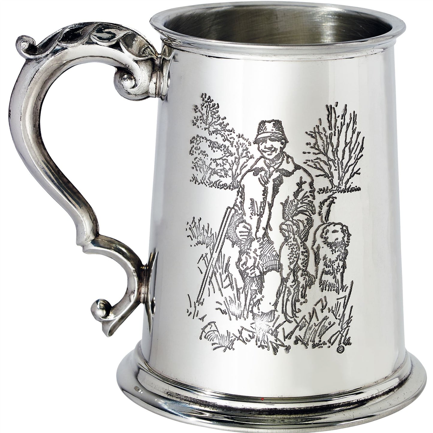 Pewter Tankard 1 Pint Shooting Scenes on Both Sides and Antique Handle