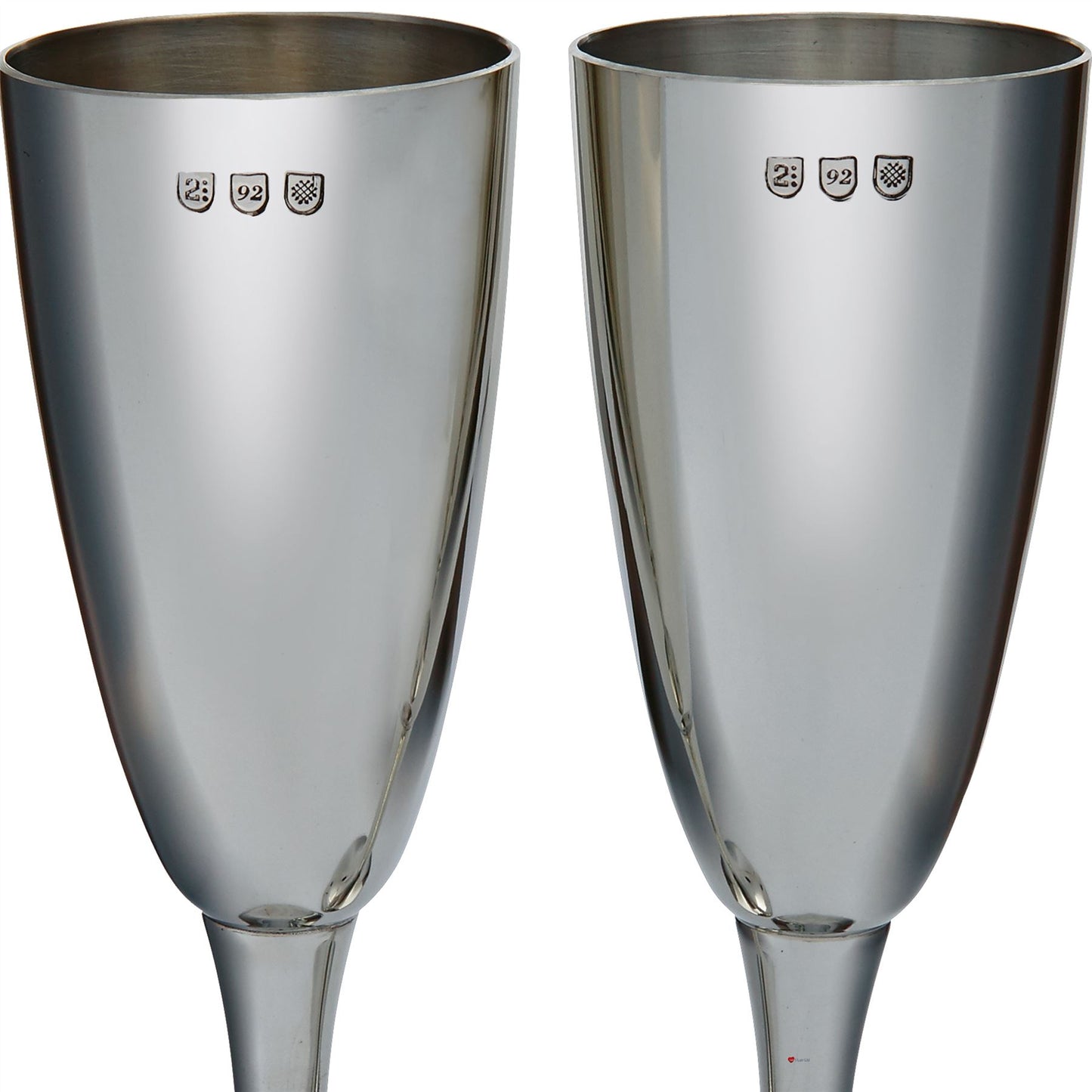 Pair of Polished Pewter Champagne Flutes in a Silk Lined Presentation Box