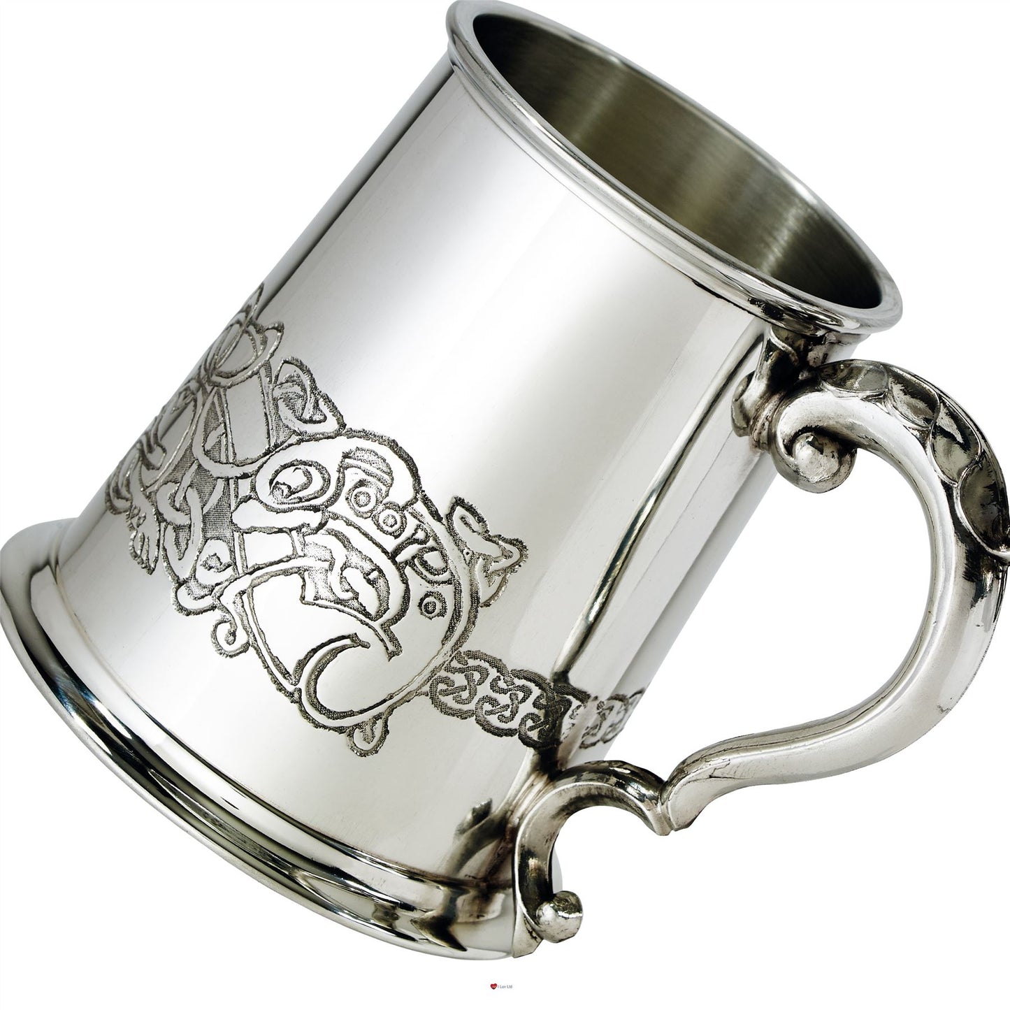 1 Pint Pewter Tankard with Celtic Dragon Design Scroll Handle