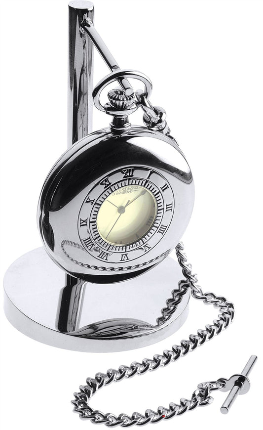 Chrome Half Hunter Pocket Watch Clock Set on Stand Leather Albert Chain