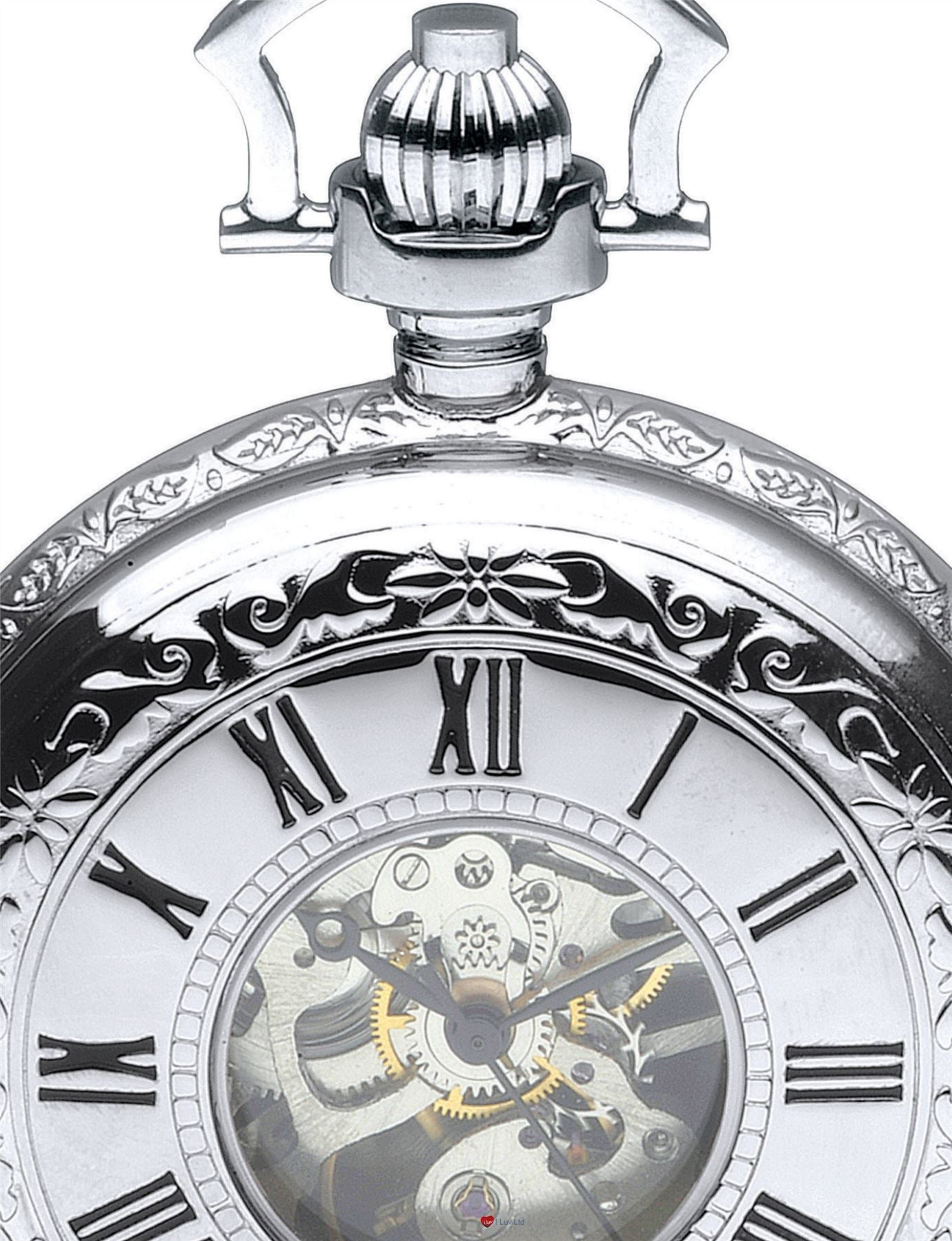 Skeleton Pocket Watch Double Half Hunter Chrome Plated Very Detailed 17 Jewel