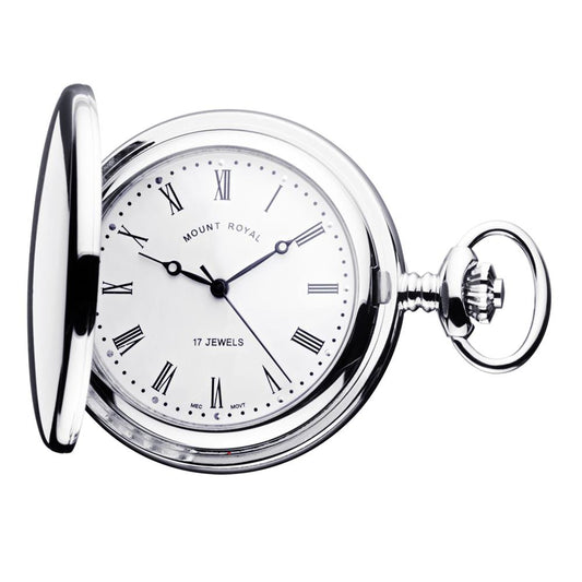 Full Hunter Pocket Watch Chrome Plated Roman Numerals Date Quartz Movement