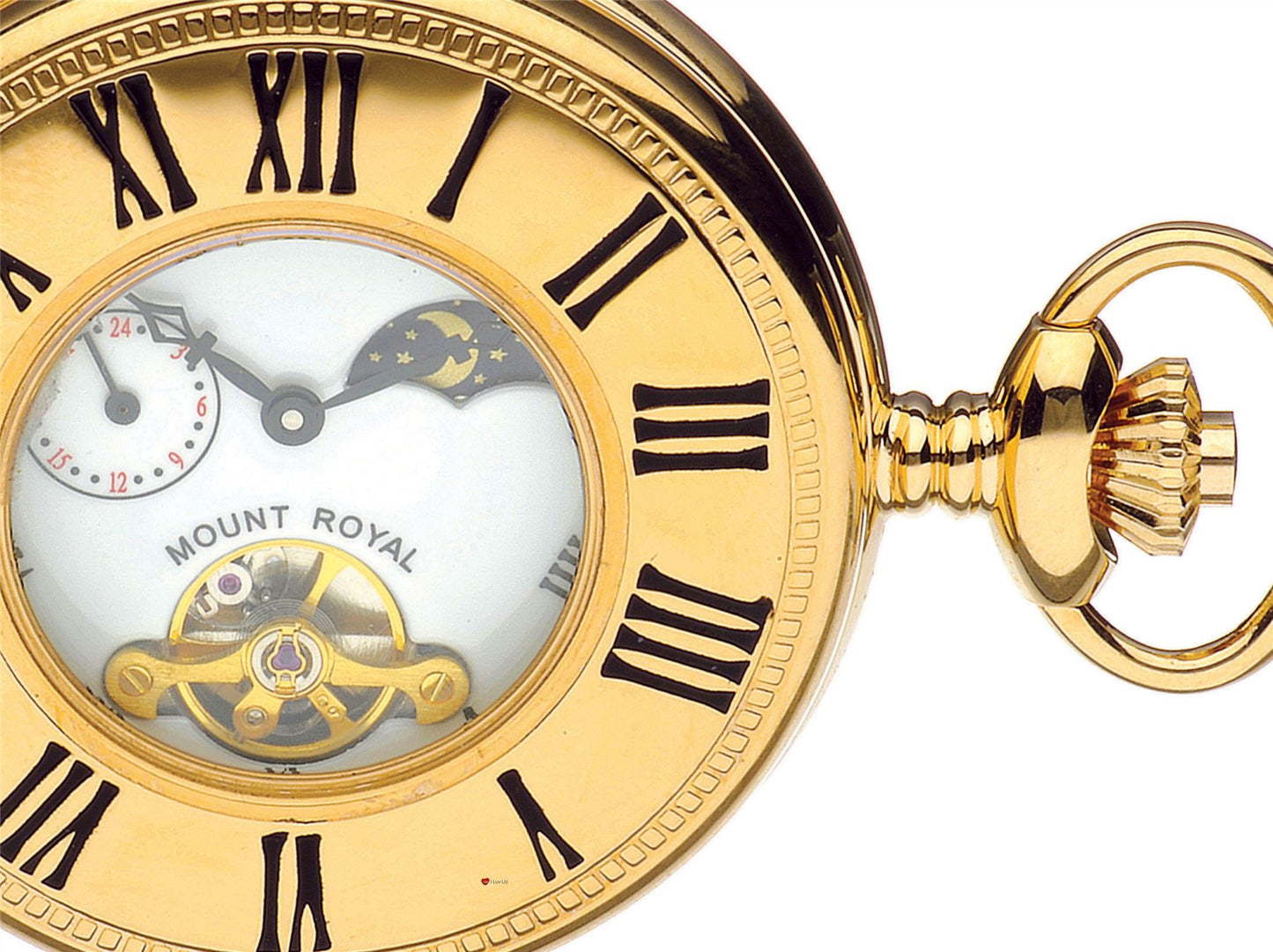 Half Hunter Skeleton Pocket Watch Gold Plated Moon Phases 17 Jewel