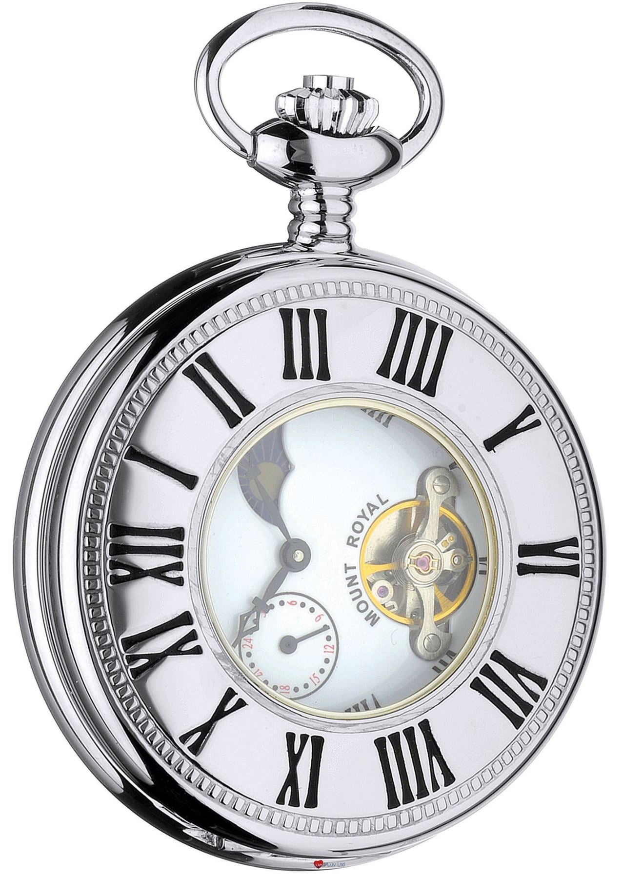 Skeleton Half Hunter Pocket Watch Chrome Polished Back 17 Jewel Mechanical