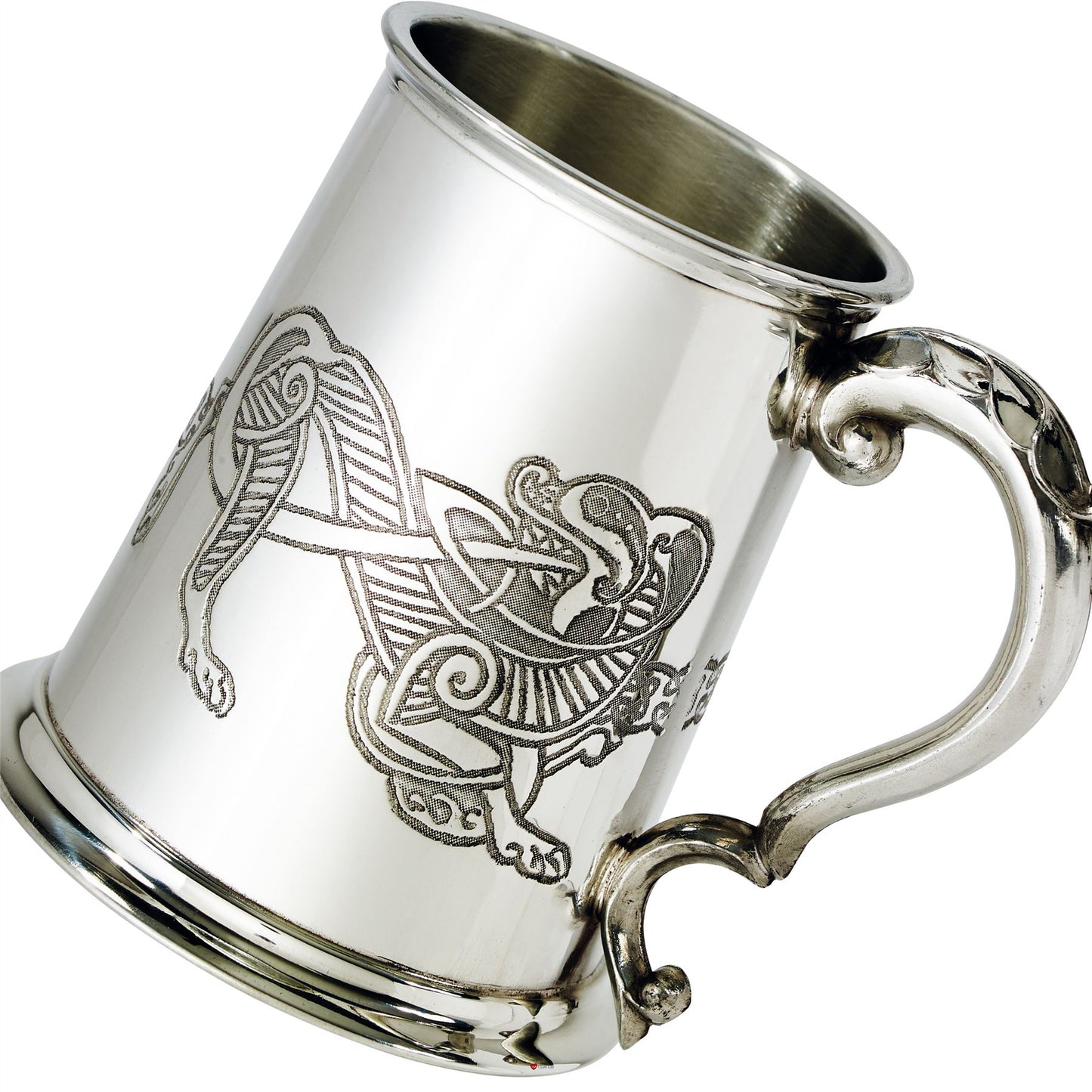 1 Pint Pewter Tankard With Celtic Lion Design Scroll Handle