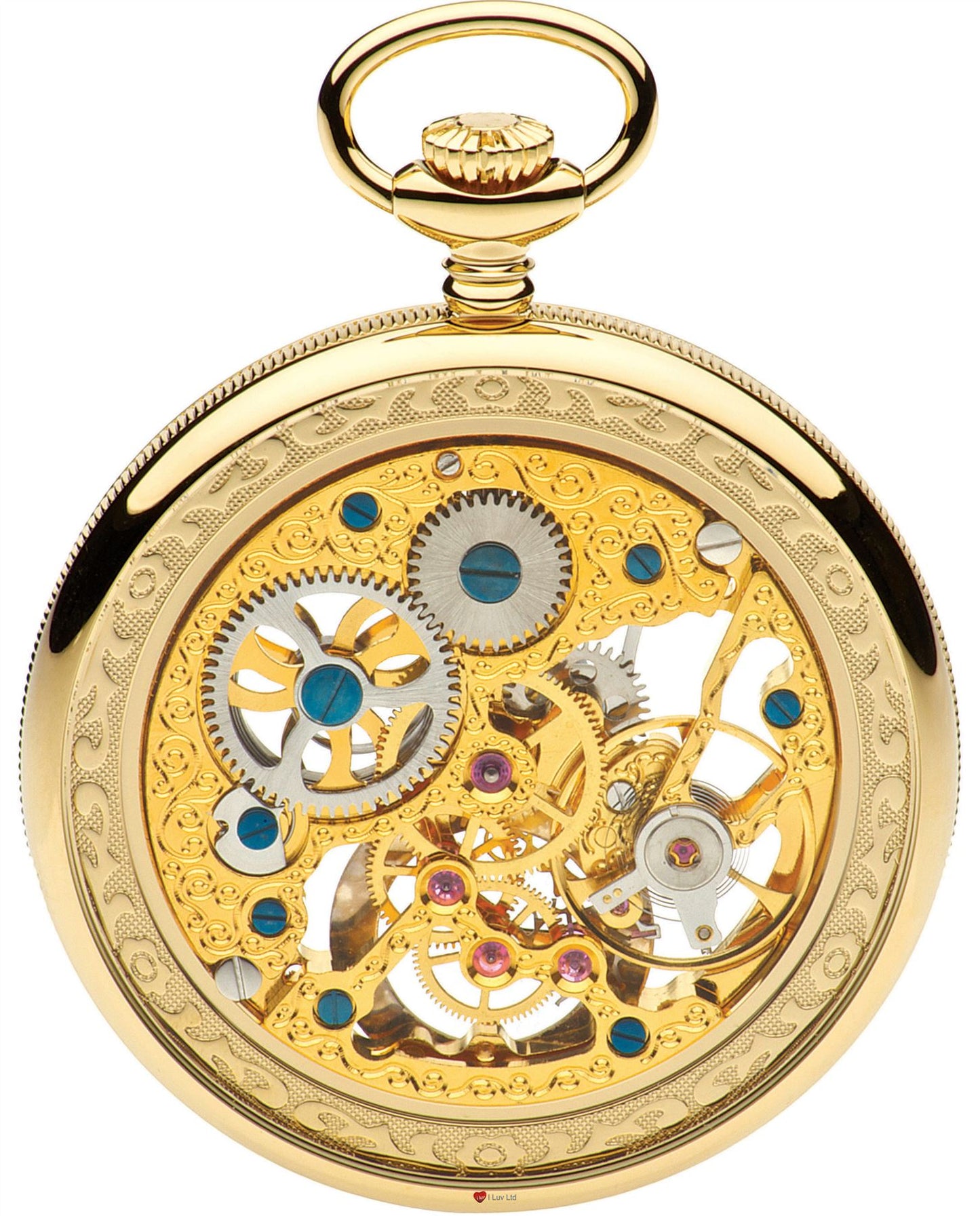 Open Face Skeleton Pocket Watch 17 Jewelled Mechanical Gold Plated