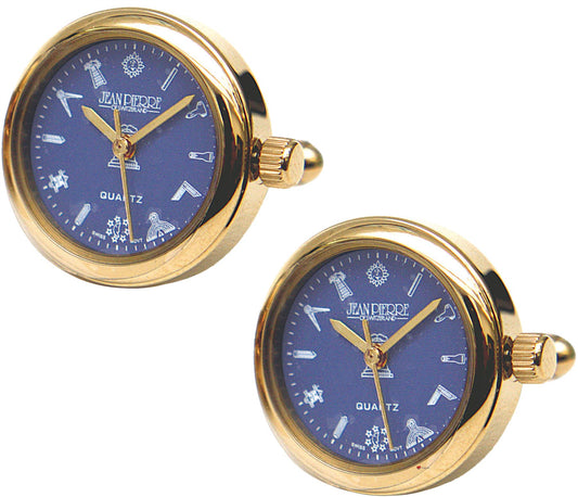 Gents Watch Cufflinks Pair Blue Masonic Dial Gold Plated