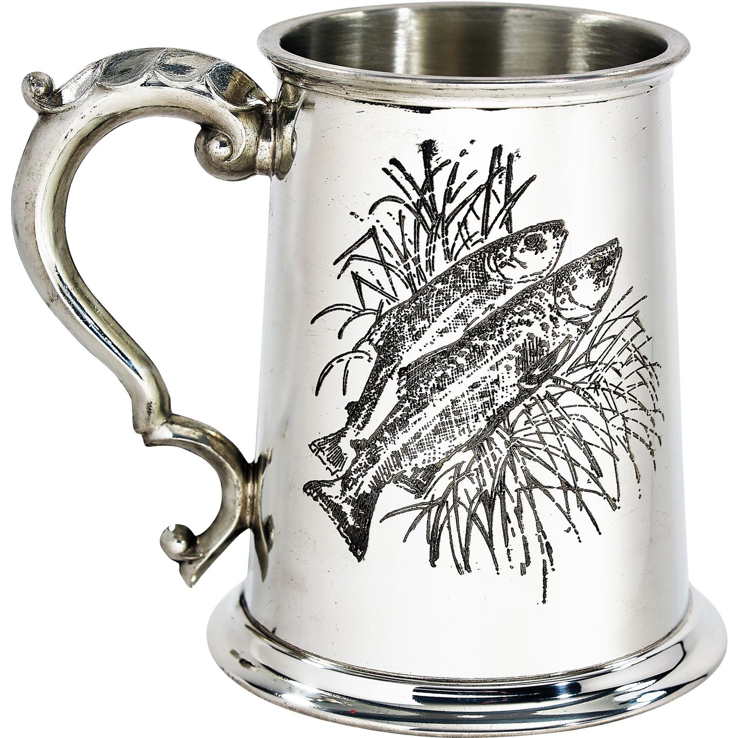 Pewter Tankard 1 Pint Fishing Scenes on Both Sides and Antique Handle