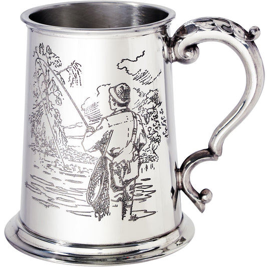 Pewter Tankard 1 Pint Fishing Scenes on Both Sides and Antique Handle