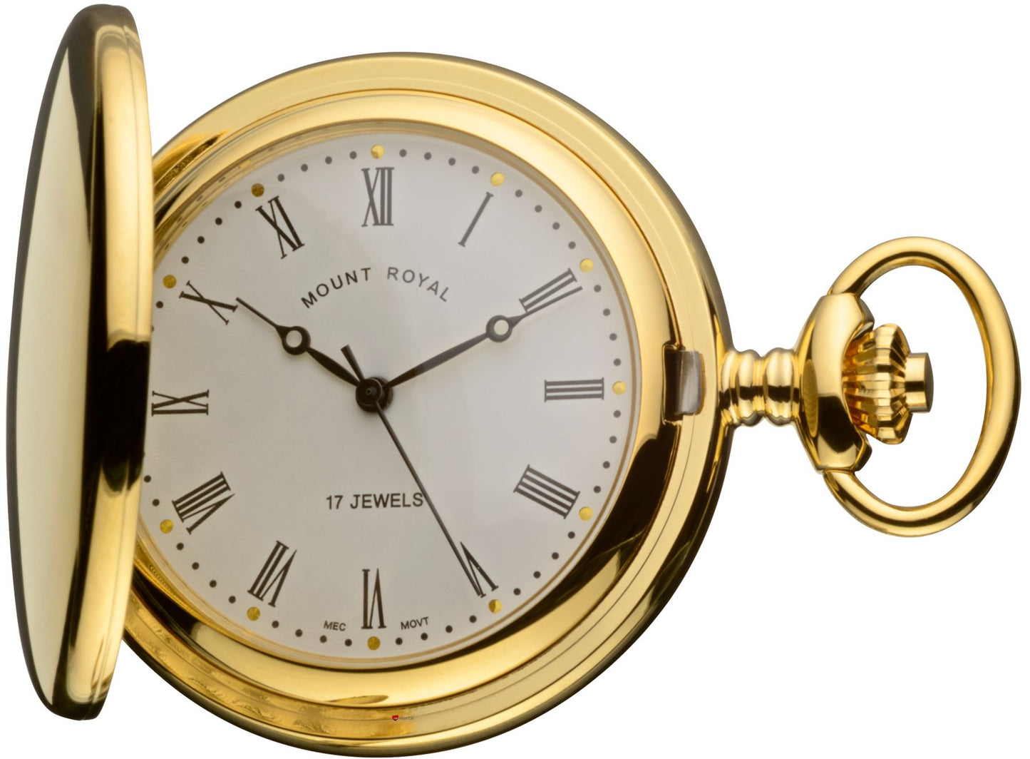 Half Hunter Pocket Watch Gold Plated Date Mechanical Movement Chain