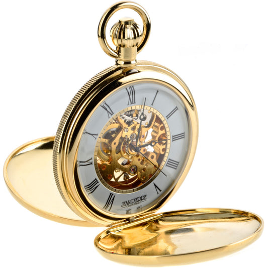 Skeleton Double Hunter Pocket Watch 17 Jewelled Mechanical Gold Plated