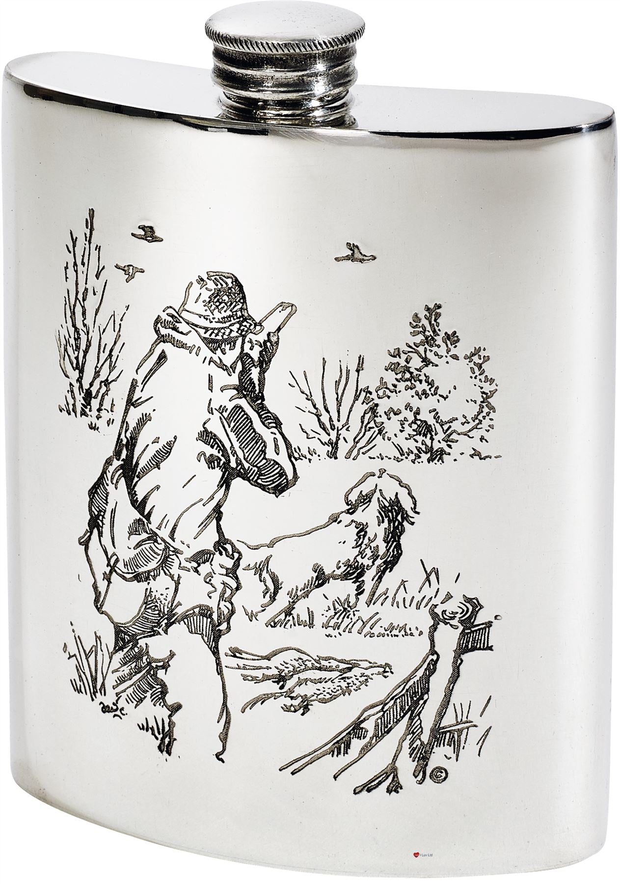 Kidney Shaped Flask 6oz Pewter with Shooting Scenes on Both Sides