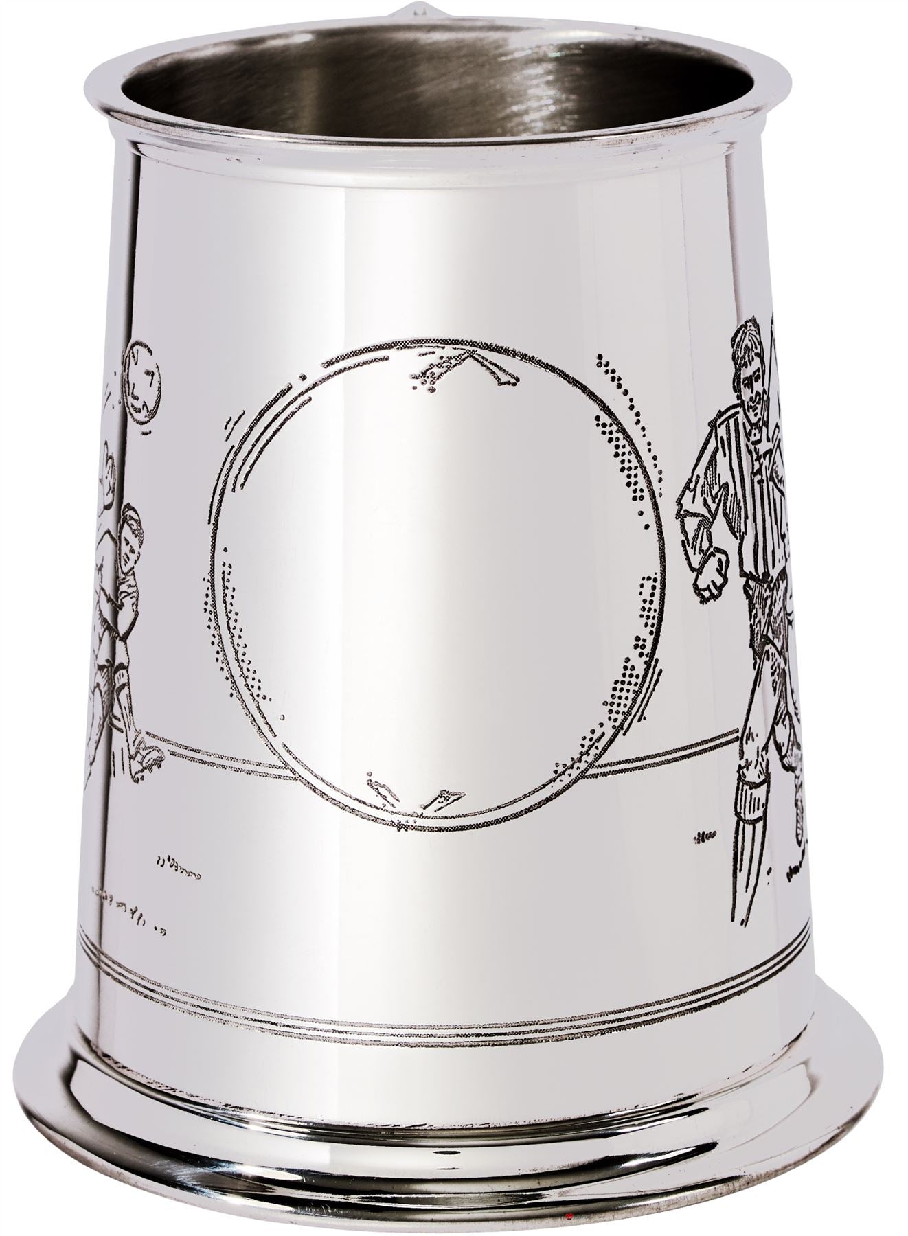 Pewter Tankard 1 Pint with Soccer Scenes on Both Sides and Antique Handle