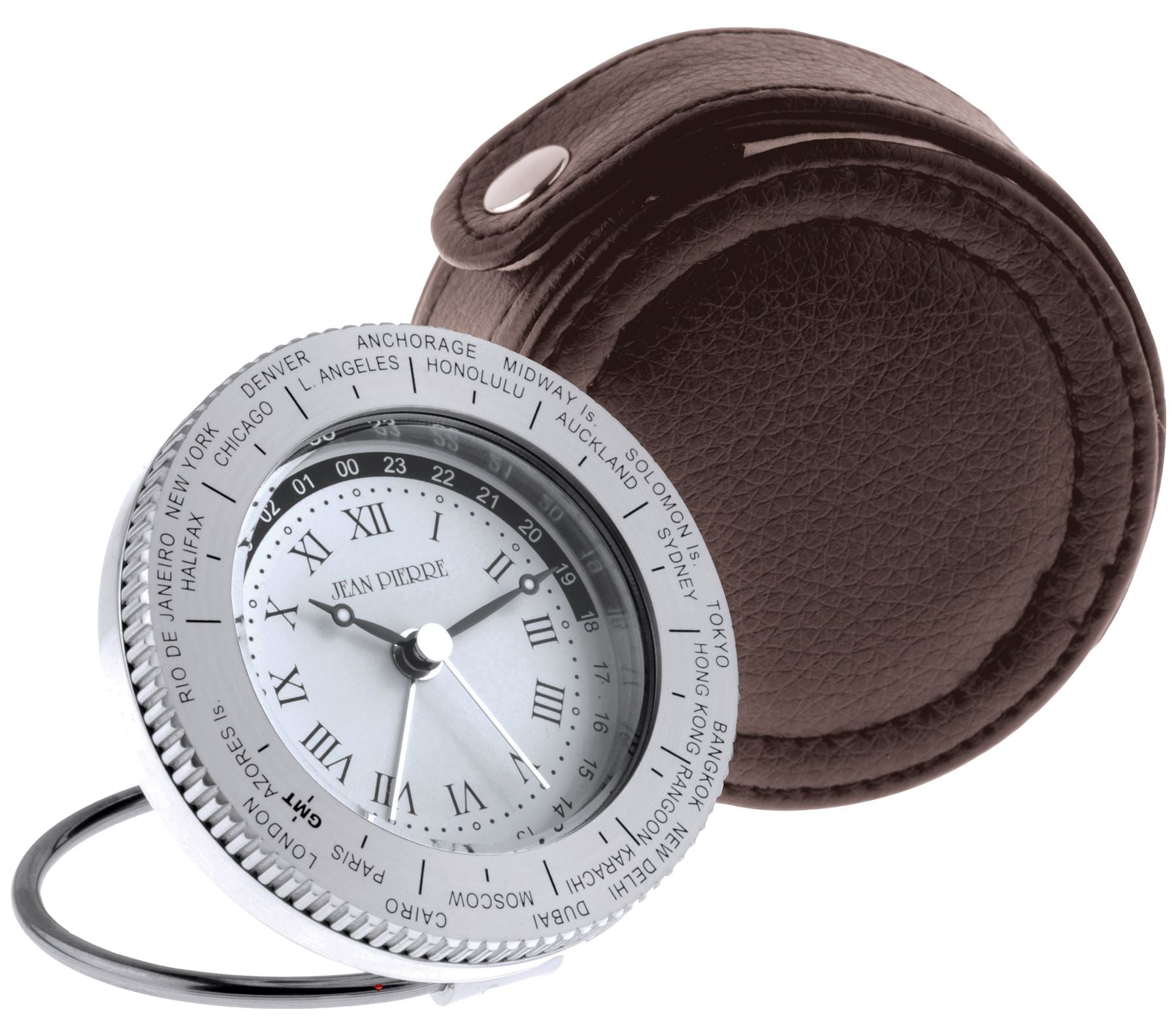 Travel Alarm Clock World Time Aluminium Leather – I Luv Gifts