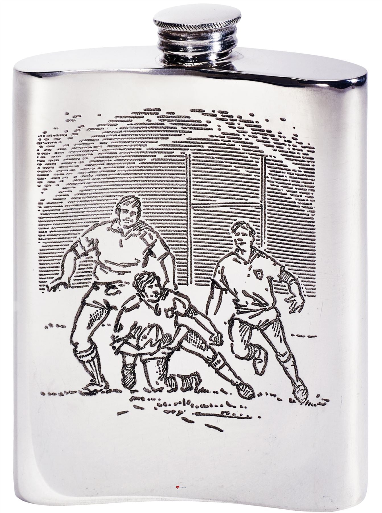 Kidney Shaped Flask 6oz Pewter with Rugby Scenes on Both Sides