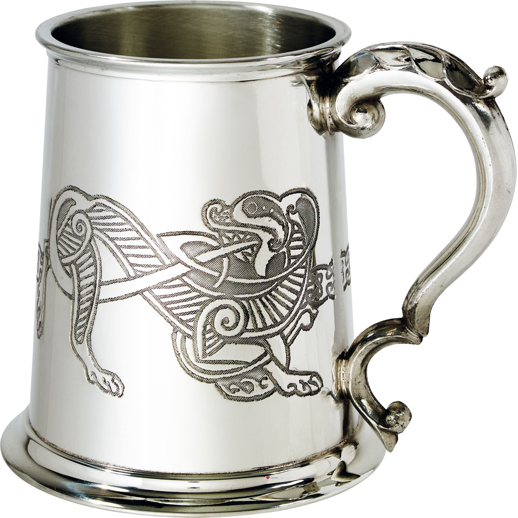 1 Pint Pewter Tankard With Celtic Lion Design Scroll Handle
