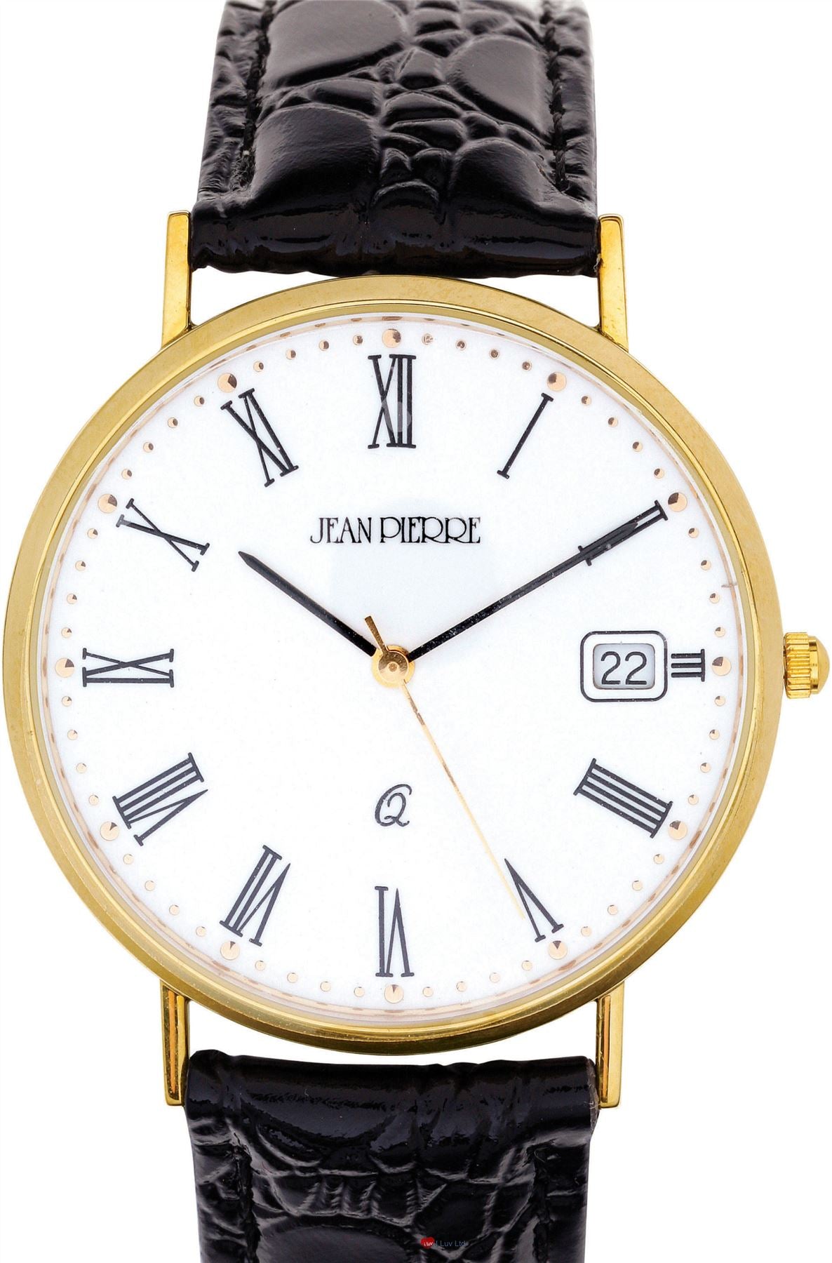 9ct Gold Gents Wristwatch Roman Numerals and Date Black Leather Strap