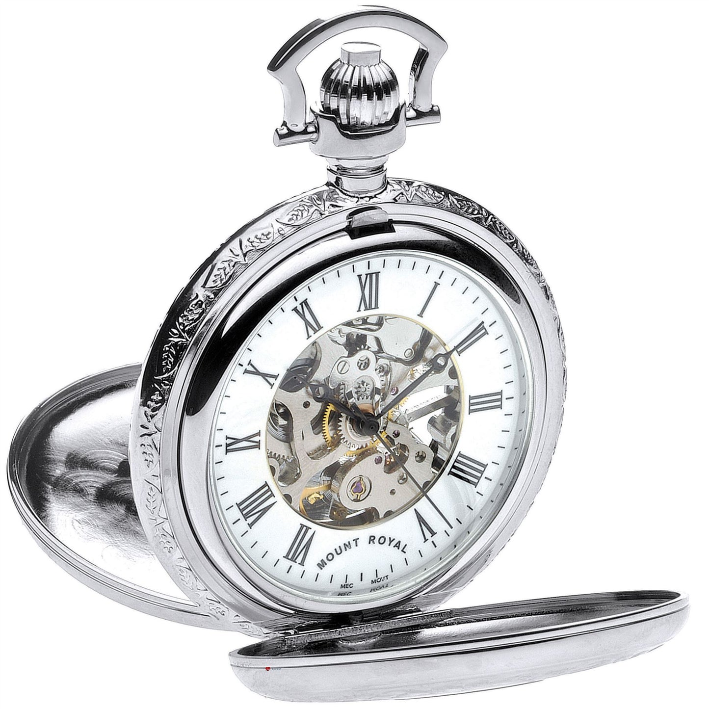 Skeleton Pocket Watch Double Half Hunter Chrome Plated Very Detailed 17 Jewel