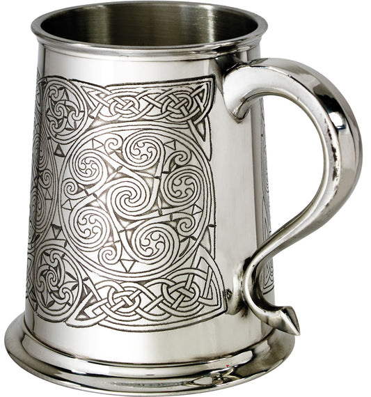 1 Pint Pewter Tankard with Celtic Spirals Design Swan Handle