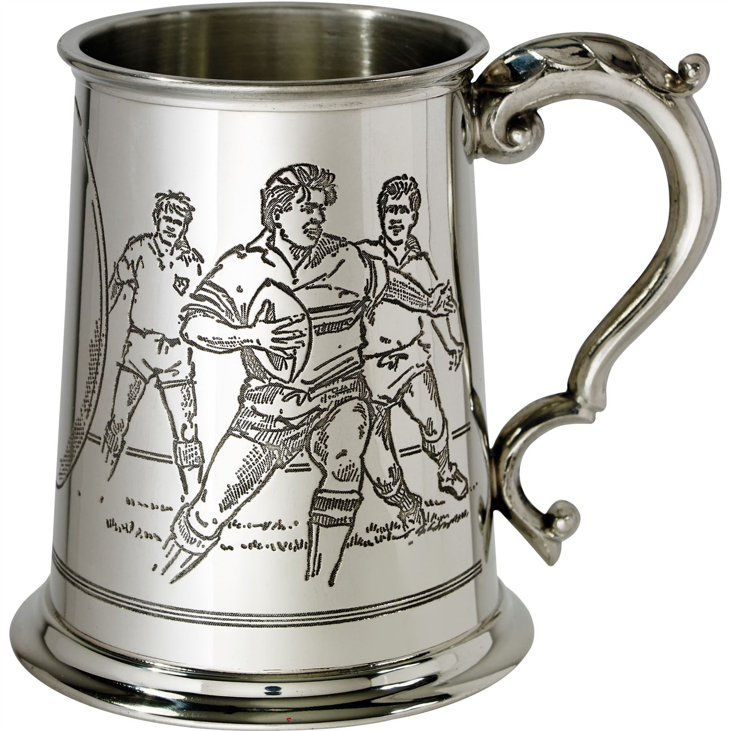 Pewter Tankard 1 Pint with Rugby Scenes on Both Sides and Antique Handle