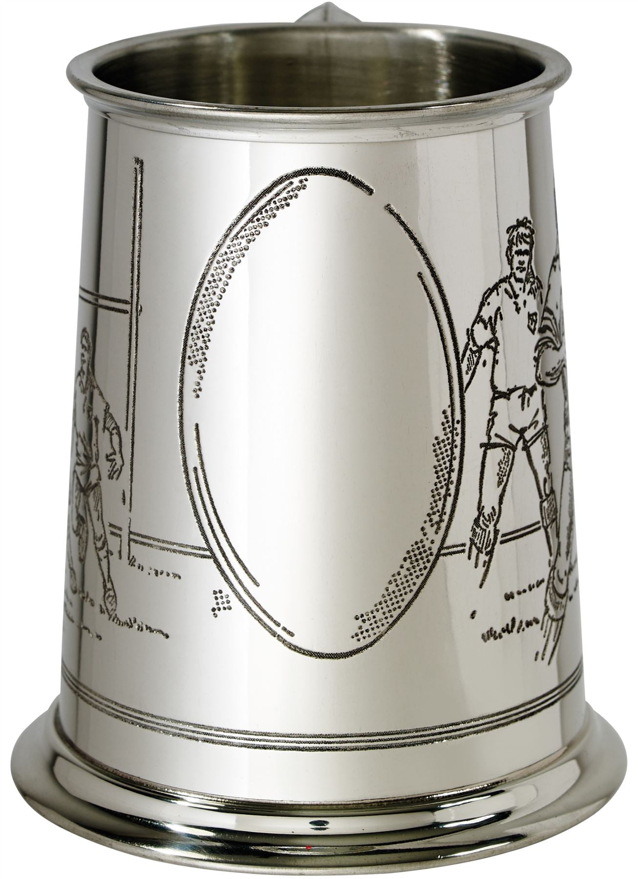 Pewter Tankard 1 Pint with Rugby Scenes on Both Sides and Antique Handle