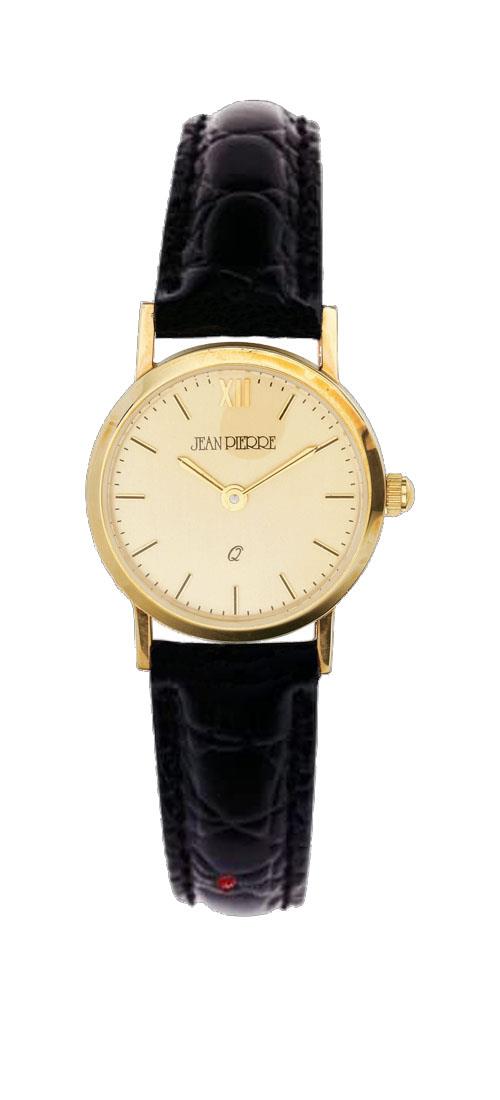 9ct Gold Ladies Wristwatch Champagne Face Black Leather Strap