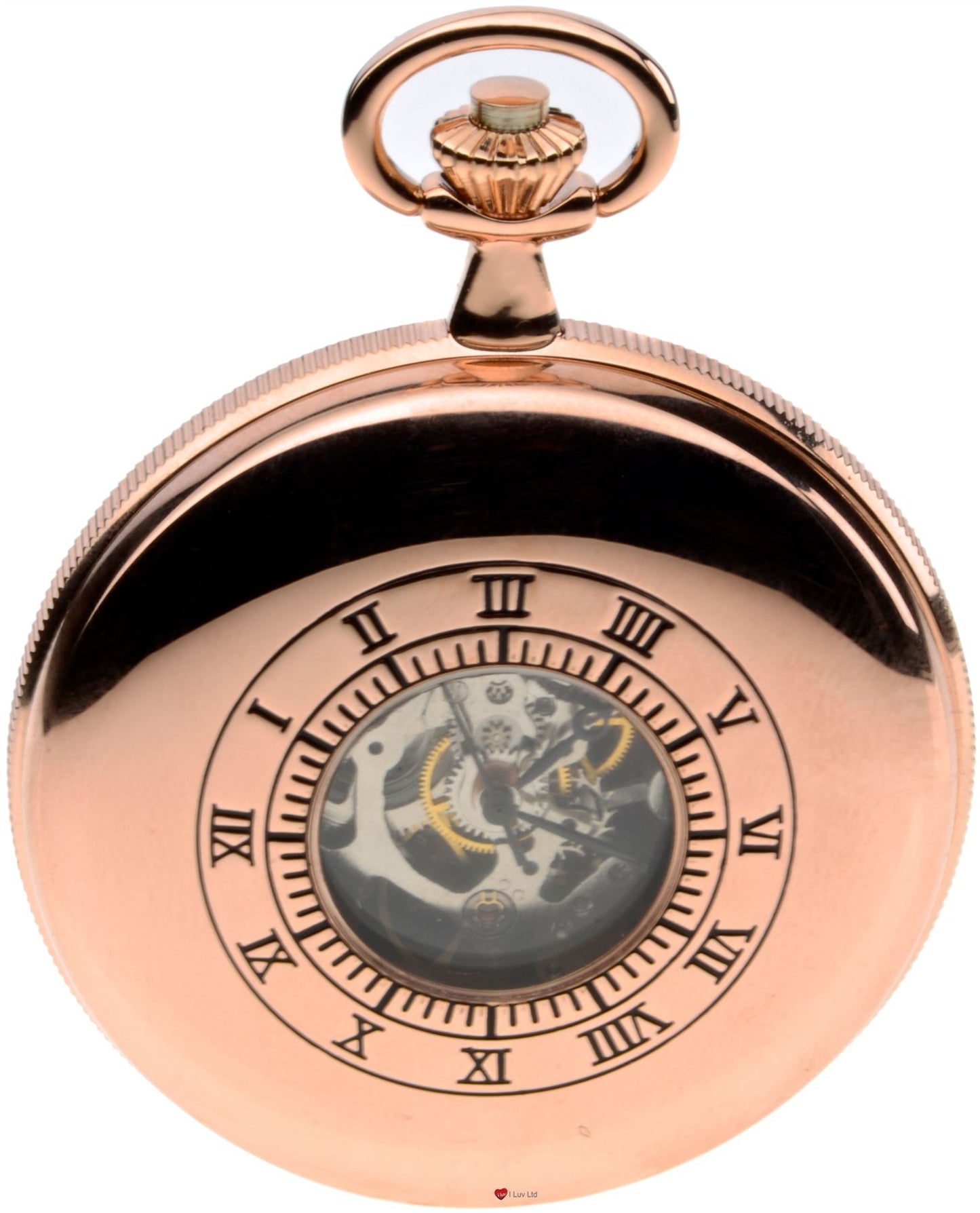 Twin Lid Half Hunter Skeleton Pocket Watch 17 Jewel Rose Gold Plated