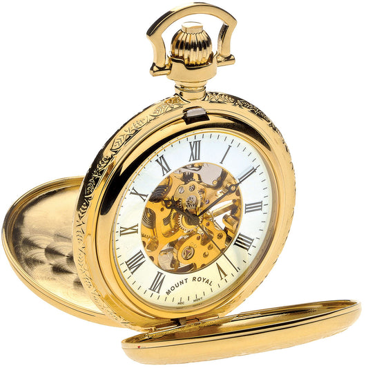 Skeleton Pocket Watch Double Half Hunter Gold Plated Very Detailed - 17 Jewel