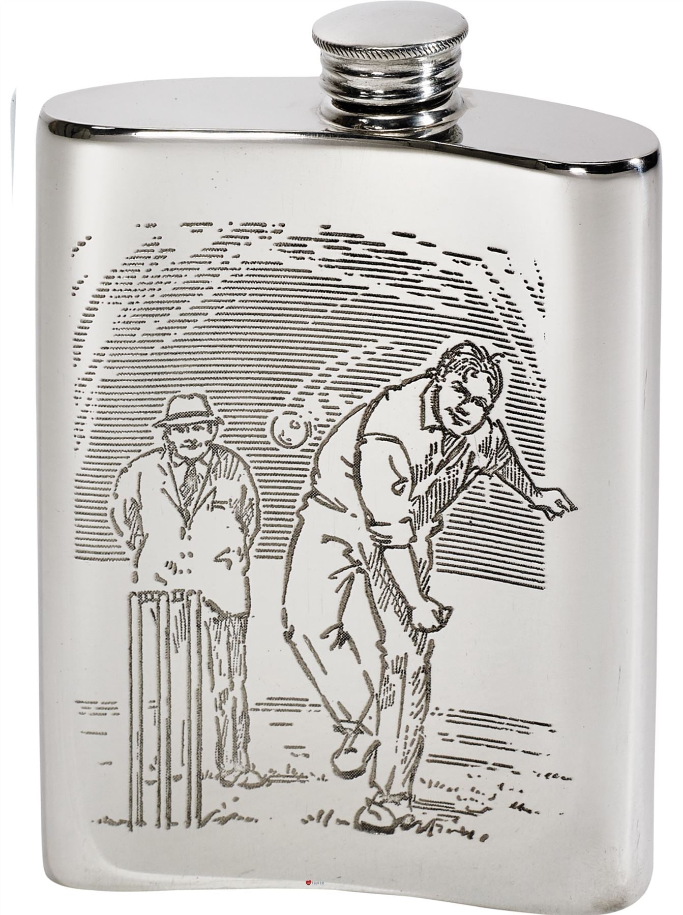 Kidney Shaped Flask 6oz Pewter with Cricket Scenes on Both Sides