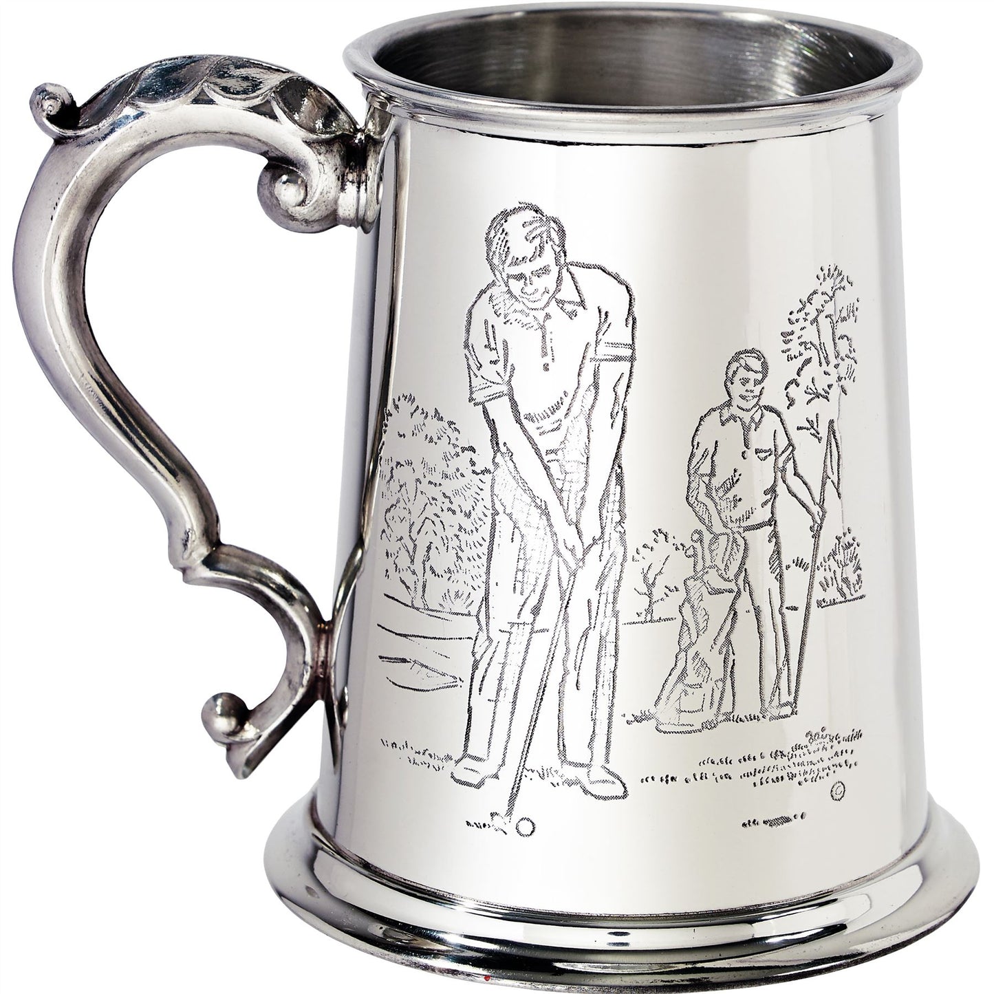 Pewter Tankard 1 Pint with Golf Scenes on Both Sides and Antique Handle