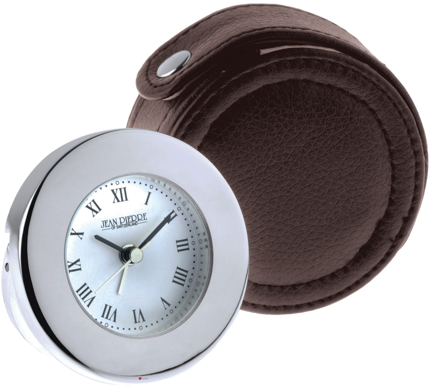 Silver Plated Round Travel Alarm Clock Leather